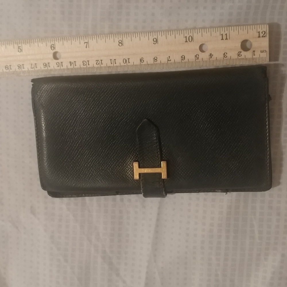 Hermes long black leather gold bearn wallet vintag